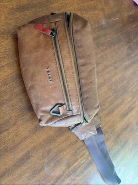 VELEZ Leather Brown Belt Bag with Red Zip Pull